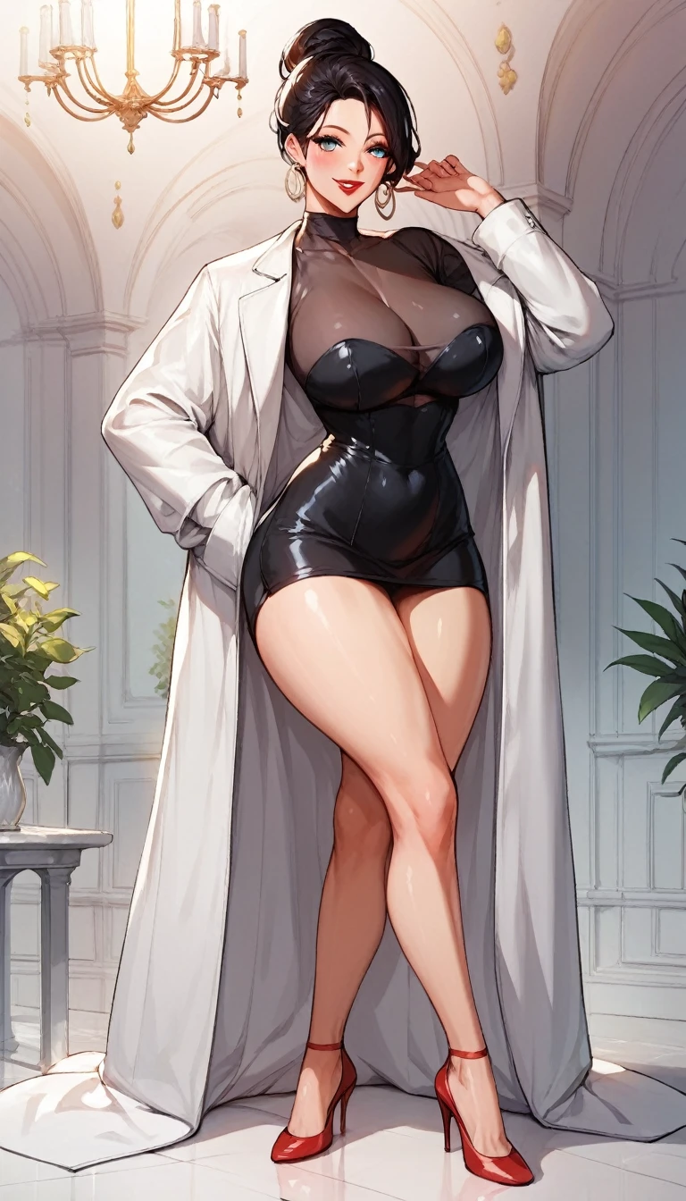 Hot sexy beautiful one women , long silver chandelier earrings,big breasts, ,black hair , hair bun,blush,blue eyes, smiling,red lipstick, white coat, black shirt, long sleeves,heels,full body view