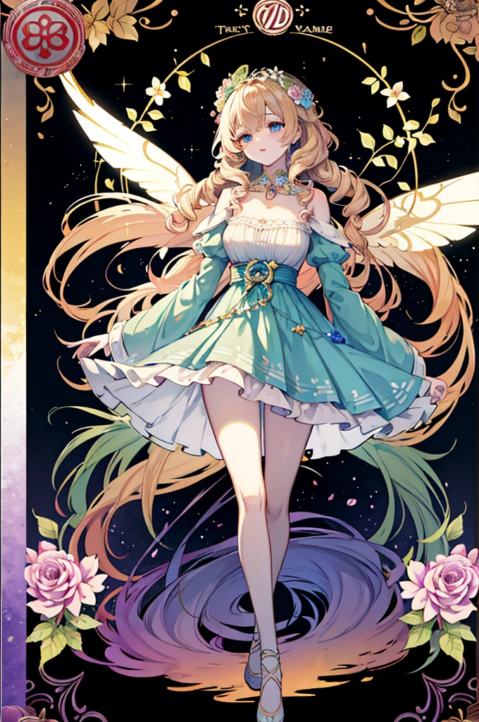 A tarot card design,Tarot card border beautiful lines,In the middle is the flower fairy,The translucent ones are the wings,long golden curly hair,Hair is beautifully braided with flowers,Wearing a dress made of flowers and leaves,Intricate details,Octane Rendering,Alice in Wonderland