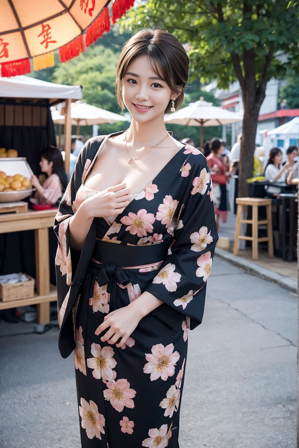 Highest quality,8K, Detailed facial depiction, Detailed description of the eyes,One Woman, Light brown hair(Short Hair),Beautiful Japanese Girl,24-years-old,Cute eyes,Cute Smile,Yukata beauty,Black floral yukata,Slender body, Large, plump breast size, Long and beautiful legs,Smiling, Colorful earrings,necklace,Are standing,Beautiful nape,Summer festival,There are food stalls