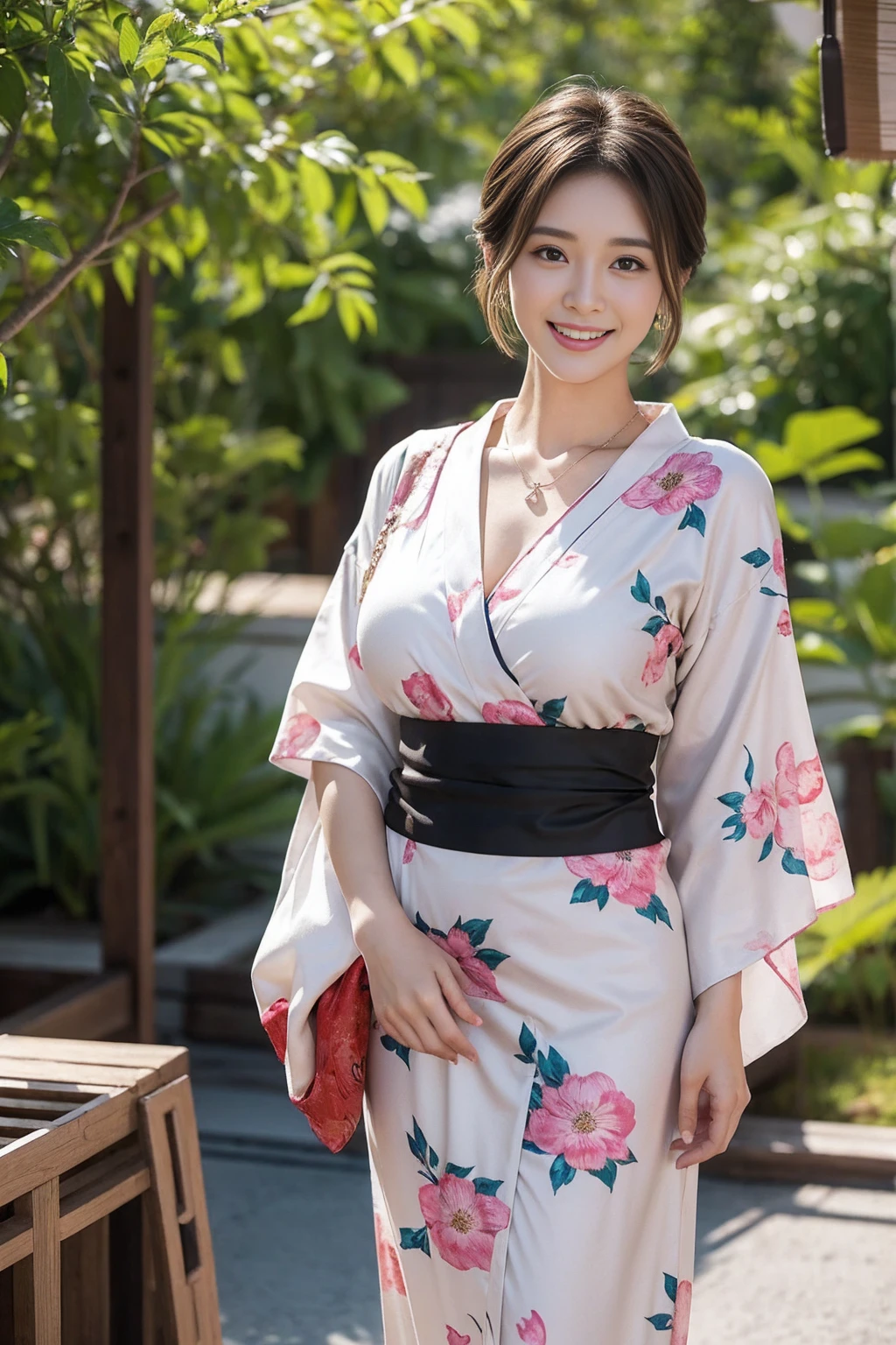 Highest quality,8K, Detailed facial depiction, Detailed description of the eyes,One Woman, Light brown hair(Short Hair),Beautiful Japanese Girl,24-years-old,Cute eyes,Cute Smile,Yukata beauty,Black floral yukata,Slender body, Large, plump breast size, Long and beautiful legs,Smiling, Colorful earrings,necklace,Are standing,Beautiful nape,Summer festival,There are food stalls