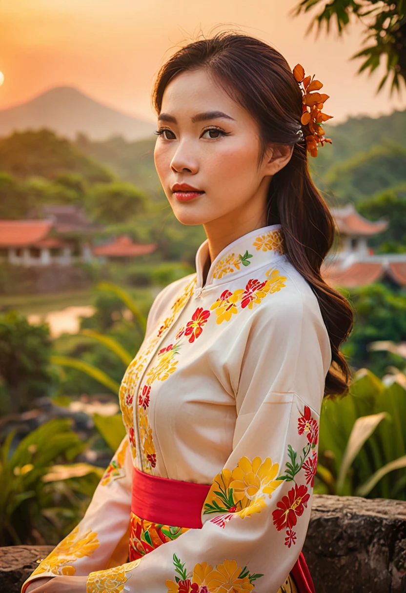 A portrait of a MagMix Girl in a traditional ao dai, illuminated by the warm hues of the sunset, with a picturesque Vietnamese landscape providing a serene and cultural background