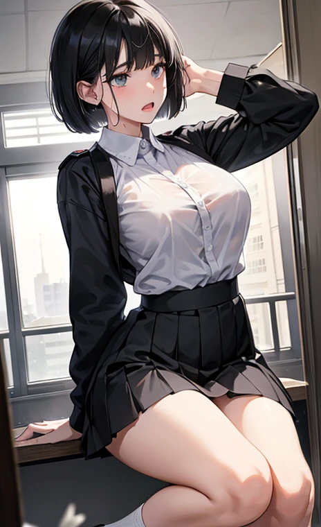 Bobcut、Black-haired 、School、In uniform、Desperate form、Clothes are soaked with sweat、indoor、Many male students are watching、Composition from the front、Huge breasts、Plain white 、in motion、Grit your teeth、Squat、 more than 180 degrees、With  open、Embarrassing