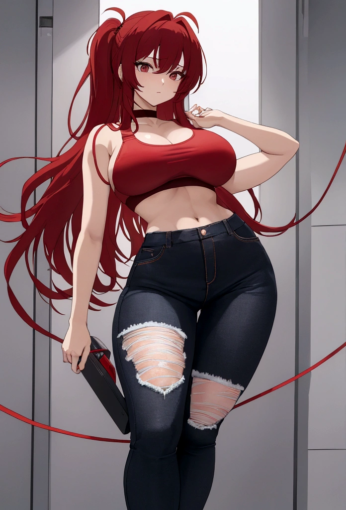My name is Hikaru, I am a white test woman with long red hair and black eyes. I am 1.60cm tall and weigh 46kg. My breast sizes are 300 cm, my waist is 60 cm and my hips are 200 cm. Dressed in black jeans long showing the string of the thong at my waist and a red sports bra. With big breasts 300 cm