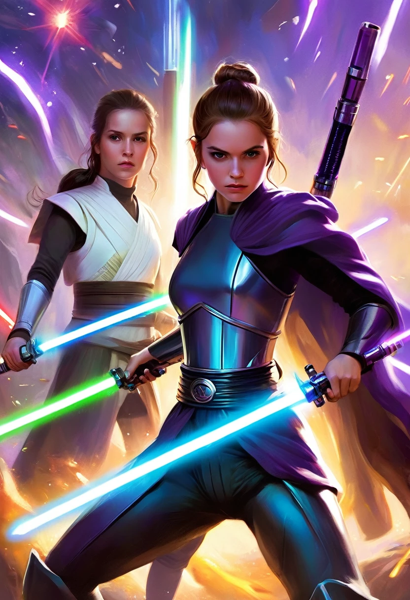 star wars jedi boy with two lightsabers, one purple and the other white lightsaber in a fight against a woman sid