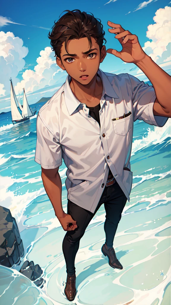 (masterpiece), best quality, expressive eyes, perfect face, (((1guy))), full body, (((brown skin))), brown hair, sliver eyes, blue student uniform, short slicked back hair, young adult,