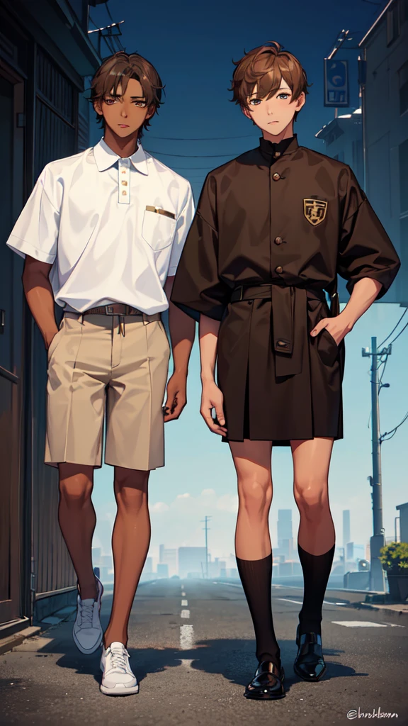 (masterpiece), best quality, expressive eyes, perfect face, (((1guy))), full body, (((brown skin))), brown hair, sliver eyes, blue student uniform, short slicked back hair, young adult, 