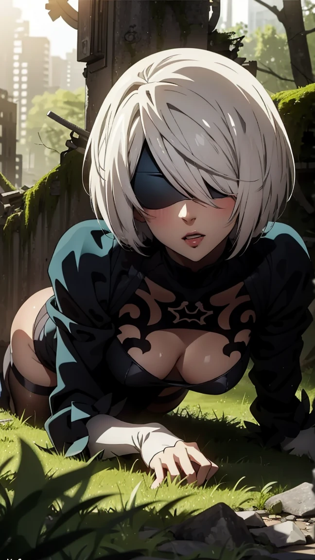Portrait of a girl, face close to the camera, face close up, lying on the grass, Lying on his back, covers his chest, pov angle, face close up (very detailed eyes, pupils, Lips 1.1), face close, blindfold, gloomy composition, gloomy background, the forest, ruins covered with moss, Tall trees, nature, the lights of a sun, very detailed. stands in a fighting pose, fighting stance, in battle, gloomy composition, gloomy room, Gloomy atmosphere, very detailed eyes, grey-blue eyes, beautiful figure, ruin, ruined city, very detailed eyes, beautiful figure, Lucy from the anime series 1 girl, facing the viewer, beautiful figure (Correct anatomy 1.1.), full length (Full body 1.1), slim, a slim body, a slim body, slender legs, anime style, White hair, White hair, that disappear at the ends, bob haircut, Cutouts on the shoulders, Cutouts on the chest, Neckline at the waist, Black Stockings, Black short skirt, white panties, very detailed face, very beautiful face, very sexy, full length (Full body 1.1), маленькая elastic грудь, small ass, Красивая a slim body, Small buttocks, world, Femininity,chedevr,Best quality,very detailed,Visible to your feet, permission 8k, high sharpness, permission 8k, very detailed, 8k contract, professional lighting, photon mapping,physical rendering, perfect face, Detailed face and body, ray tracing, expressive look, Cinmatic worlding,elastic , Increased sexuality,