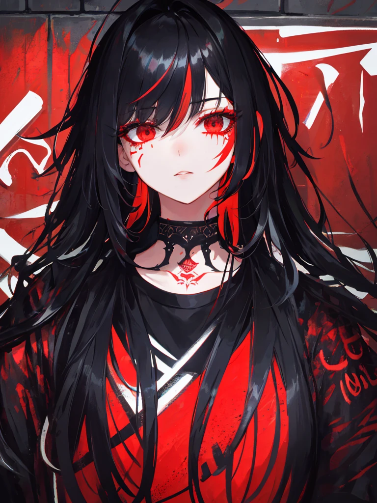 Highest quality, Intricate details, chromatic aberration,
One girl, Long Hair, Black Hair, Messy Hair, Red highlights, Hair on one eye, Red eyes, Sharp eyes,
choker, Neon Shirt, Torn legwear, Open jacket,
Against the wall, Brick wall, graffiti, shineing grafiti, shineing tattoos, shine, Neon Light,
Black light,