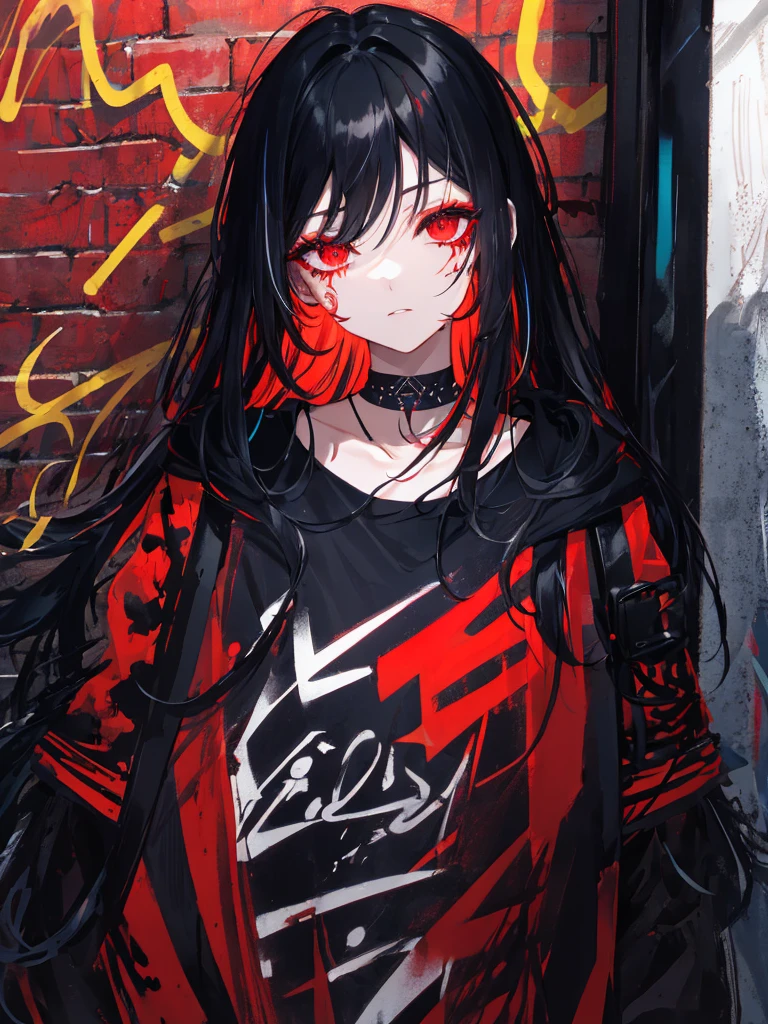 Highest quality, Intricate details, chromatic aberration,
One girl, Long Hair, Black Hair, Messy Hair, Red highlights, Hair on one eye, Red eyes, Sharp eyes,
choker, Neon Shirt, Torn legwear, Open jacket,
Against the wall, Brick wall, graffiti, shineing grafiti, shineing tattoos, shine, Neon Light,
Black light,