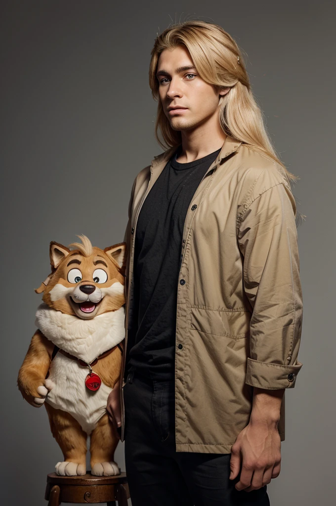 Create an animated character that has a wolf cut haircut that is blonde that is a man that has a cartoon style and that is full body and that has medium long hair