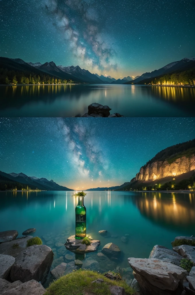 A giant bottle filled with a majestic lake ,  Extremely high quality and highly detailed scenes , Octane Rendering, Starry Sky , dream , Giant green moon , Heavenly Treasure , Inspiration, imagine  