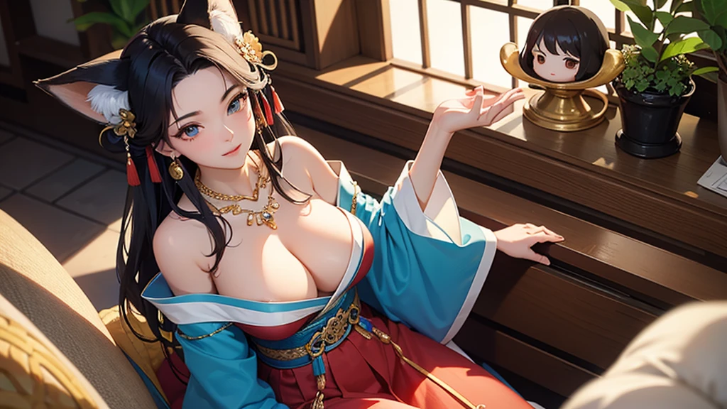 Camera angle looking down from above。Sit back in a reclining chair、A beautiful woman with big breasts and fox ears stretches her legs and relaxes, gazing into the distance。Shiny kimono with off-the-shoulder sleeves and a skirt。hair ornaments、Earrings、necklace。