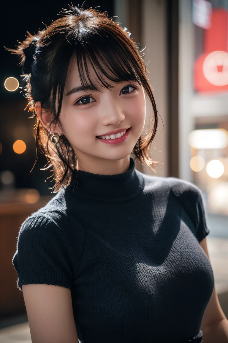 (8K, RAW Photos,Highest quality, High resolution:1.1), (Ultra-realistic:1.4),(Realistic:1.4), Realistic Face,Realistic Body,Realistic Skin,masterpiece,(cute:1.8), cute子たち, Detailed black eyes,Innocent eyes,Cinema Lighting,Film Grain,jewelry,Earrings,((Medium Hair:1.1)),Cherry-colored lips,Hair Ribbon,ponytail,Look Viewer,Long Hair,,Open your lips,Upper teeth, (Smiling Eyes:0.6),((Grin:1.3)),Blurred Background, Eye focus , Bokeh,young, 85mm lens,young,Portraiture,Photon Mapping,Radio City,Physically Based Rendering,Asian,(Knitted dress:1.3))