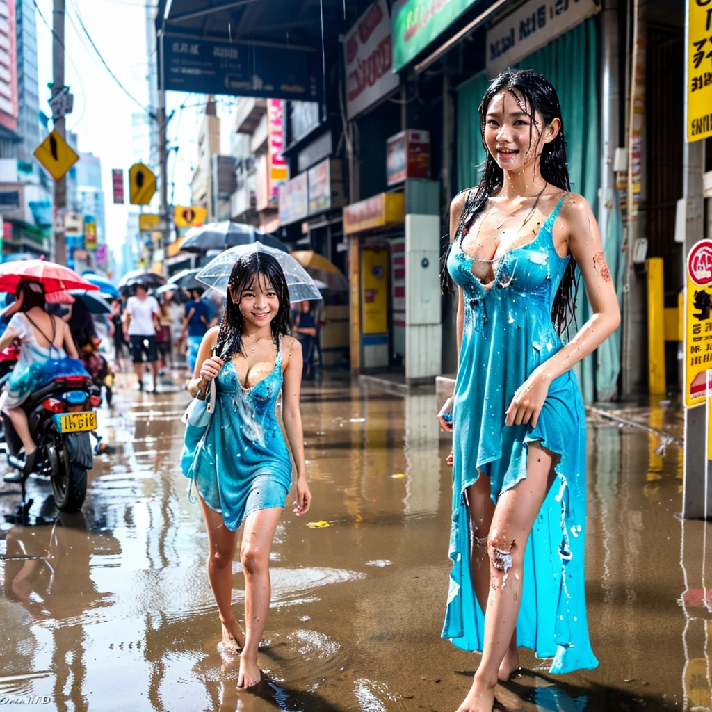 songkran,She walks along the sidewalks of a big city lined with buildings ,drenched, Dripping, Wet Face,Wet clothes, Wet Skin, Wet Hair,A young woman with a cute face like an idol,((Cleavage)),(((A dress that melts and disappears when it gets wet))),(((A melted and tattered dress))),((Full body portrait)),RAW Photos,Genuine,Genuine,High resolution,RAW Photos,masterpiece, beautiful