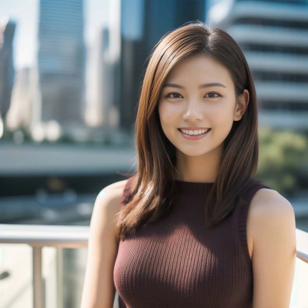 The face of a hostess、British high neck sleeveless knit、High quality、Ultra-realistic、fine、Smiling face、Slim perfect figure、Japanese beauty、 Perfect Eyes、Radiant Skin、Big 、Business city background