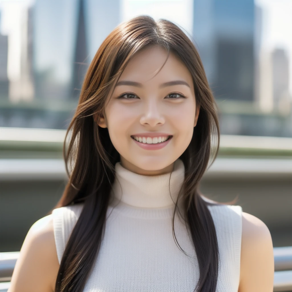 The face of a hostess、British high neck sleeveless knit、High quality、Ultra-realistic、fine、Smiling face、Slim perfect figure、Japanese beauty、 Perfect Eyes、Radiant Skin、Big 、Business city background