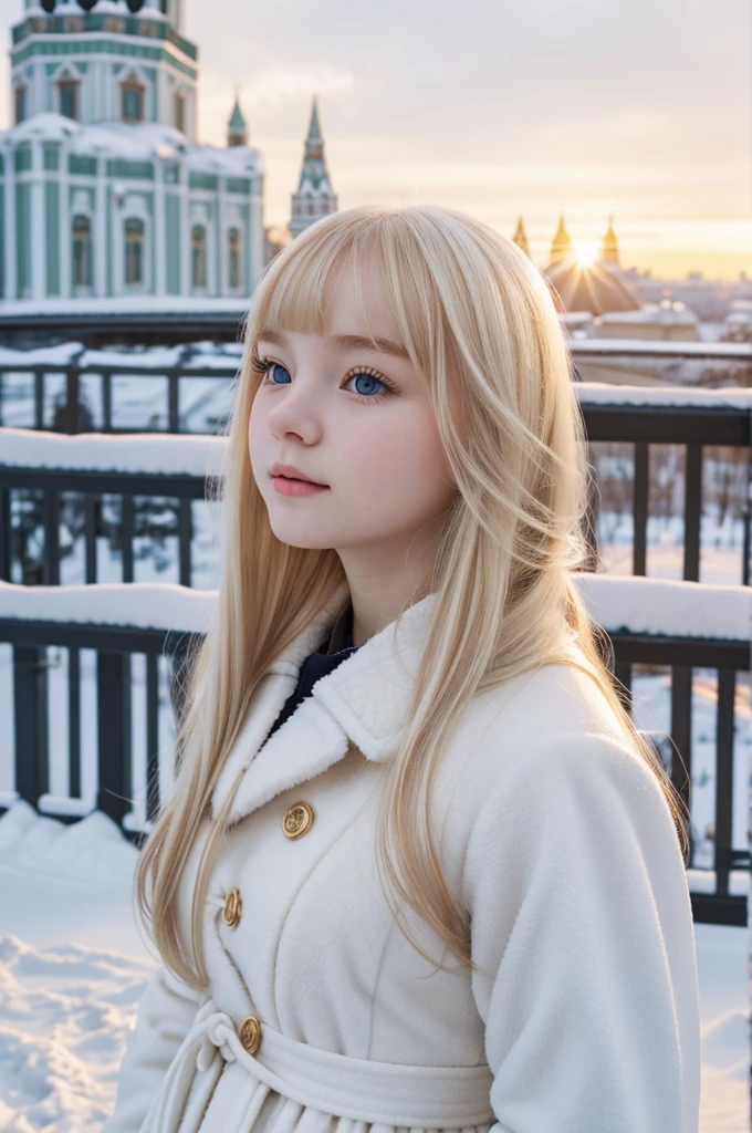 Face profile, close up, Beautiful and cute Russian girl, pale white skin, rosy cheeks ,long blonde hair, bang, look innocent and beautiful, coat, neat lolita dress, Moscow view ,snowy