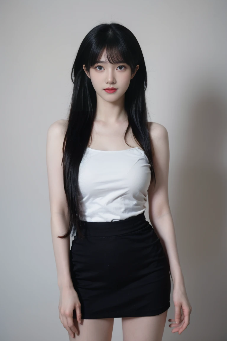 best quality, tmasterpiece,Ultra-high resolution,Clear face,（Reality：1.4），ferpect lighting，(upper body photo:1.3), (photorealistic:1.50), anime wallpaper, Guviz style artwork, cover-up fantasy up to magic , by Yang J, Guviz, beautiful artwork illustration, beautiful digital artwork, beautiful digital illustration, Li Song, beautiful anime portrait, art style in Beauvot,1girl, 独奏, long hair, pink hair, (long hair), (hair ribon:1.3), Mask on hair, hair ornament, yellow eyes, white Tenk top, black Short pencil skirt, (standing:1.5),
