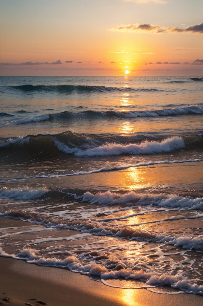 A serene beach scene at sunrise, with soft waves gently rolling onto the shore and the sun casting a warm glow over the horizon.