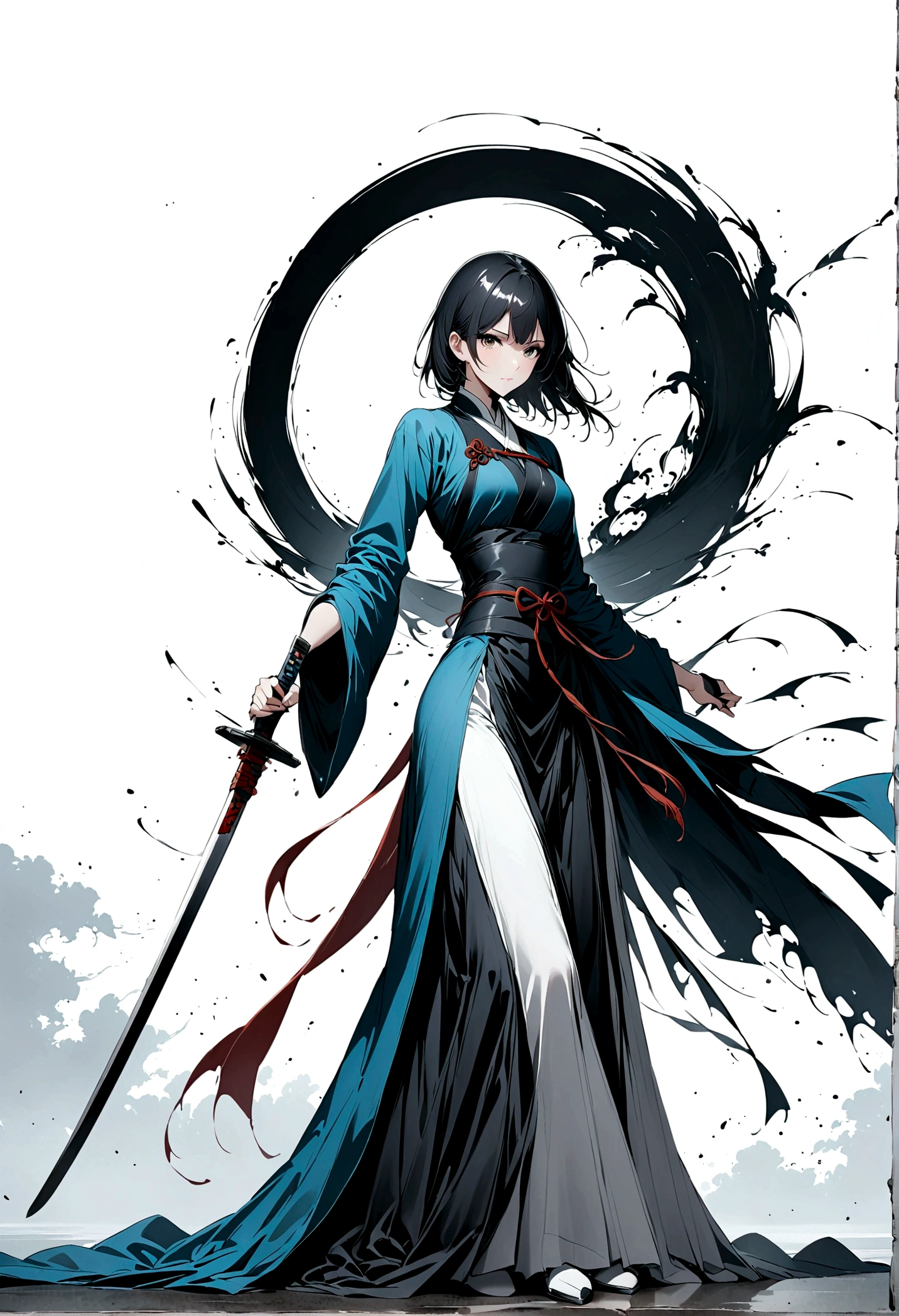 芸術的なInk Painting，立体的なInk Painting，Minimalism，Minimalist Graphic Art，Anime girl with a sword，whole body，Chinese style，Ancient，Ink Painting，Blue Robe，Long black hair，Black and white background，古韵blank，blank，大面积blank，Texture Matte，Low saturation，Minimalist Composition，Master Composer