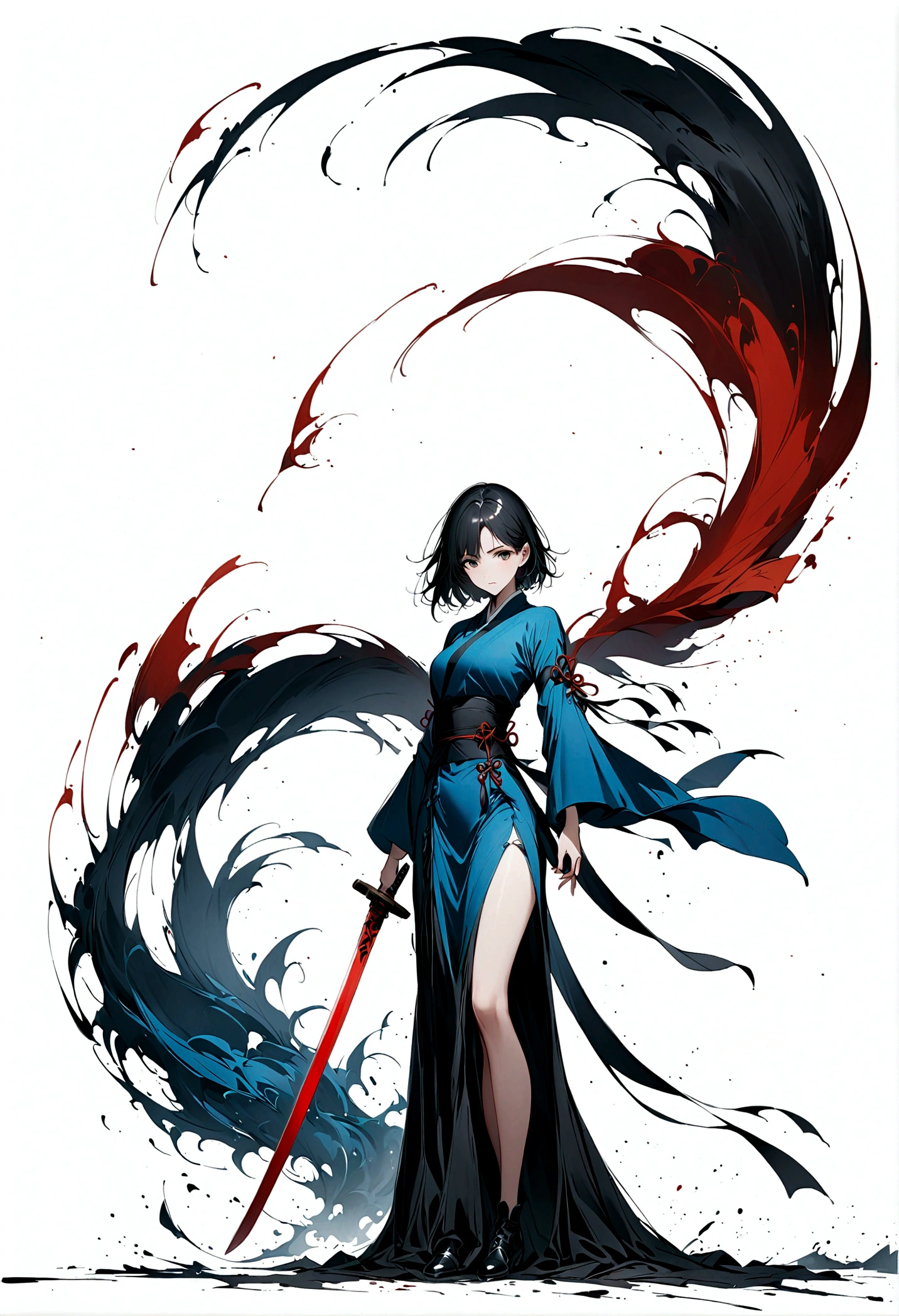 芸術的なInk Painting，立体的なInk Painting，Minimalism，Minimalist Graphic Art，Anime girl with a sword，whole body，Chinese style，Ancient，Ink Painting，Blue Robe，Long black hair，Black and white background，古韵blank，blank，大面积blank，Texture Matte，Low saturation，Minimalist Composition，Master Composer