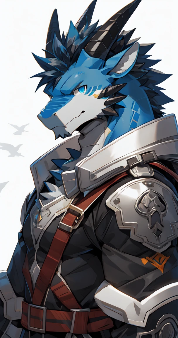 (by sollyz),dragon,white and black body,scale,detail face, detail eyes, detail,male, short hair,(armor:1),__b2__,
,blue eyes,handsome,simple background,
strong,epic,