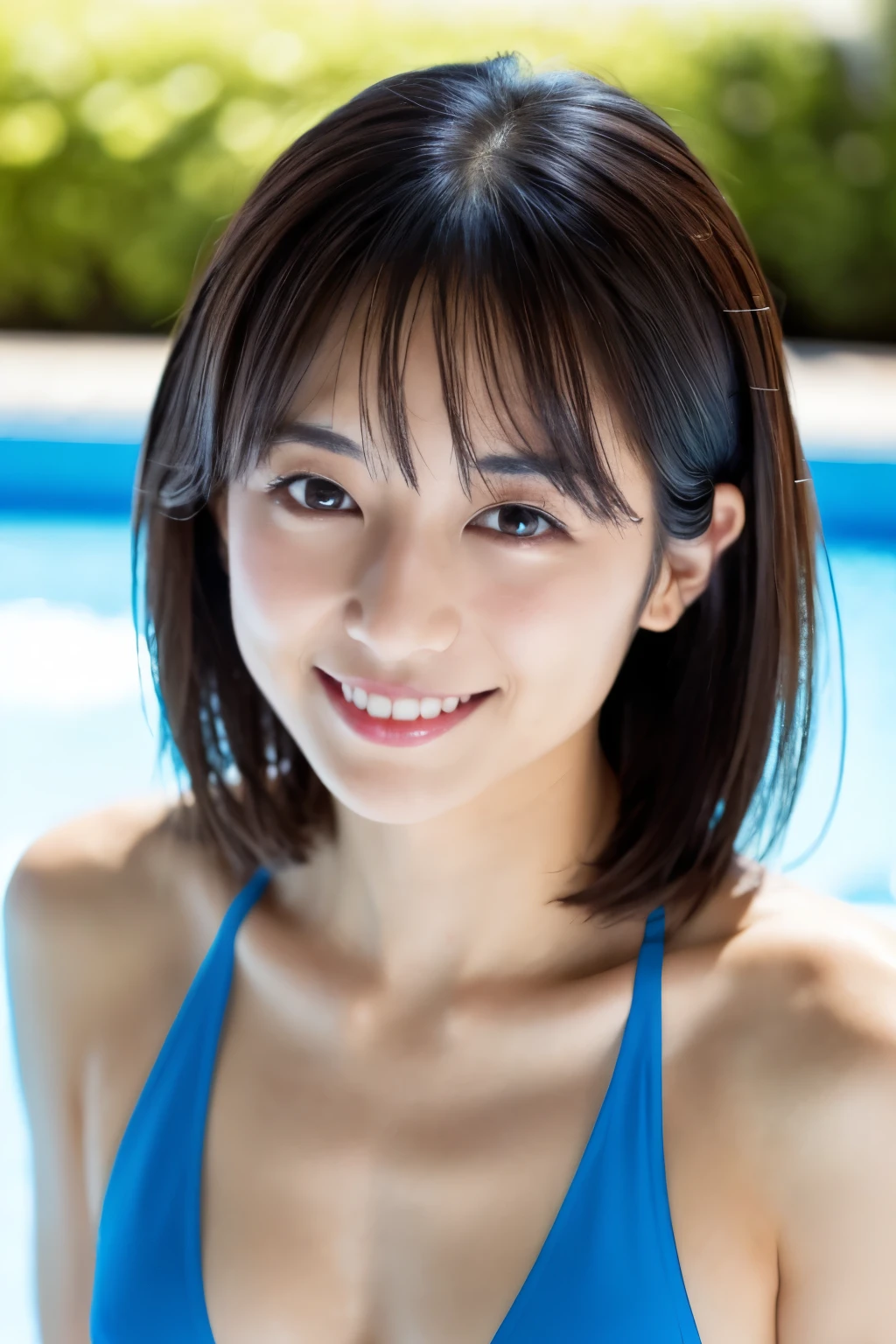 Skinny Japanese woman, age {30s|20s}, (detailed face), slight smile, (detailed eyes), {long|short} hair, slender shape, {red|blue} bikini, standing by a poolside, Enhance quality, quality maintains, real professional photograph, award-winning portrait, masterpiece, 16K UHD, high detail full-body view