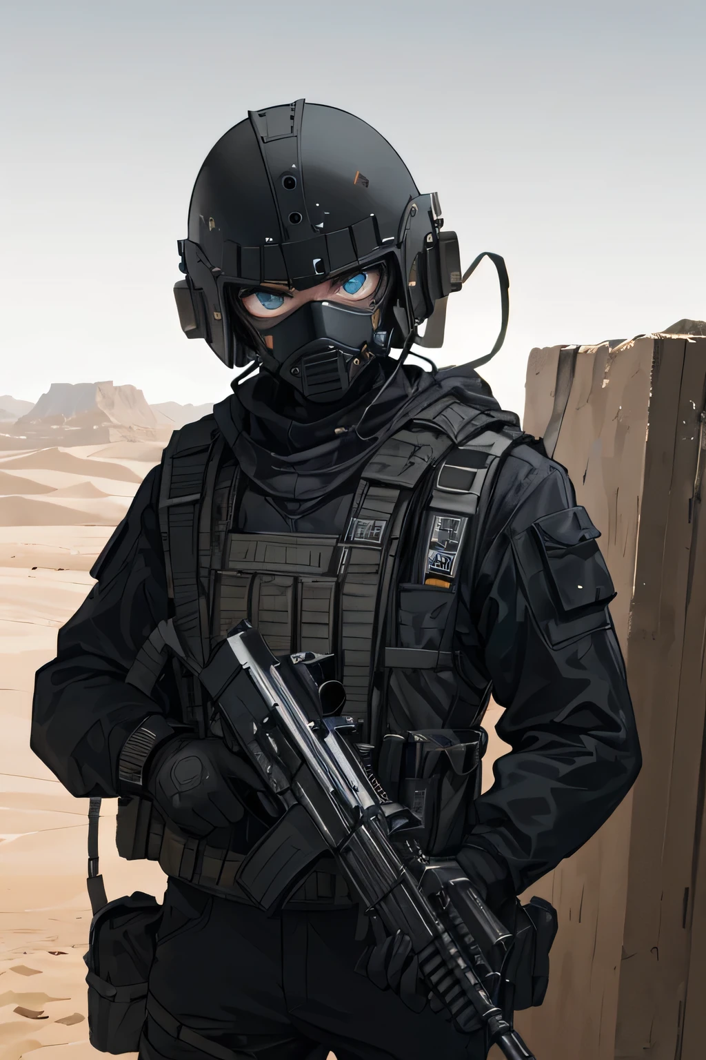 ((best quality)), ((masterpiece)), (detailed), ((best quality)), ((masterpiece)), (detailed),A male,Modern equipment,Mobile Task Force Member,fully armed,Black combat helmet,Black mask,Heavy armor,Holding a submachine gun in both hands,Standing on a sentry tower in the desert,Gaze into the distance,Facing the camera sideways,Upper body photo,call of Duty