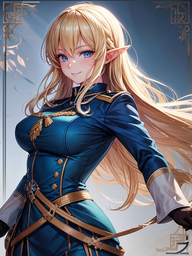 detailed illustration (side view),dynamic angle,ultra-detailed, illustration, pose for the camera, smiling at viewer, clean line art, shading, anime, 2020’s anime style, detailed eyes, detailed face, beautiful face,

Blonde hair, blue eyes, elf, elf woman, pale skin, WW2 German officer uniform, stern look,  uniform,