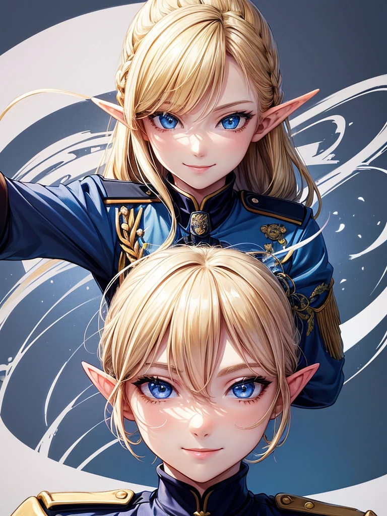 detailed illustration (side view),dynamic angle,ultra-detailed, illustration, pose for the camera, smiling at viewer, clean line art, shading, anime, 2020’s anime style, detailed eyes, detailed face, beautiful face,
Blonde hair, blue eyes, elf, elf woman, pale skin, WW2 German officer uniform, stern look, uniform,