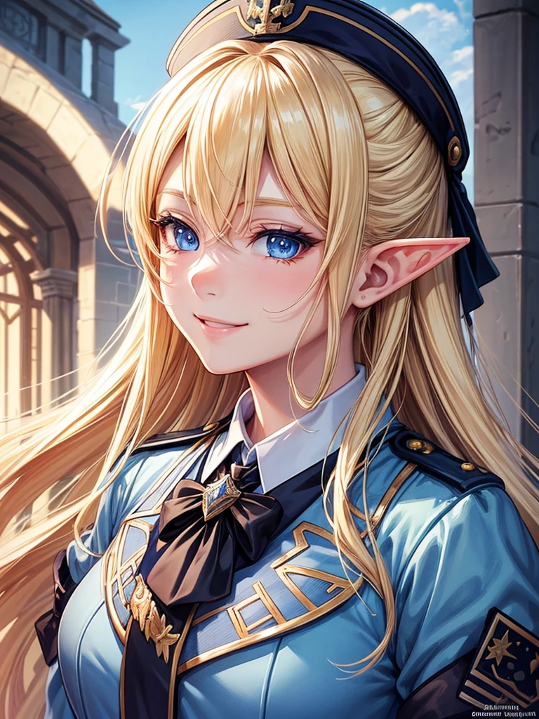 detailed illustration (side view),dynamic angle,ultra-detailed, illustration, pose for the camera, smiling at viewer, clean line art, shading, anime, 2020’s anime style, detailed eyes, detailed face, beautiful face,
Blonde hair, blue eyes, elf, elf woman, pale skin, WW2 German officer uniform, stern look, uniform,