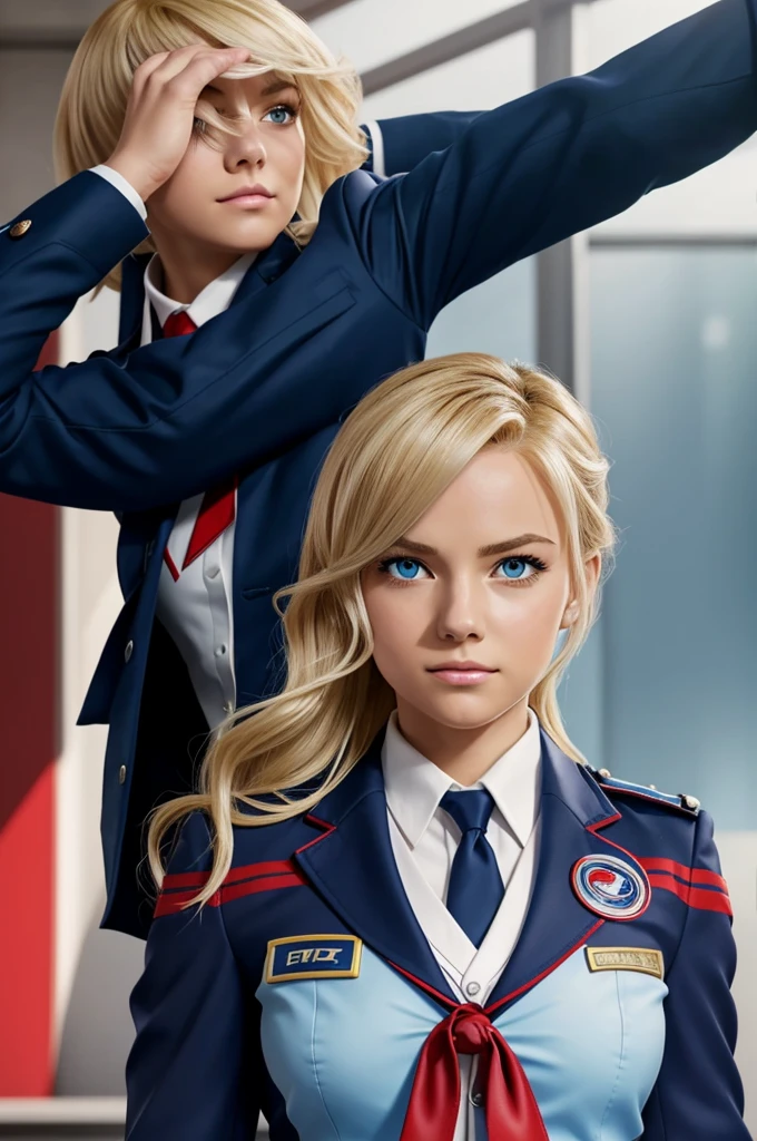 screenshot boku no hero academia, Pretty Woman, blonde hair with strong red strands wavy, Eyes slanted and light blue in the right eye and dark blue in the left eye , serene expression , Gtus jacket uniform and red tie, action , background foot class , looking at the camera from anime style profile