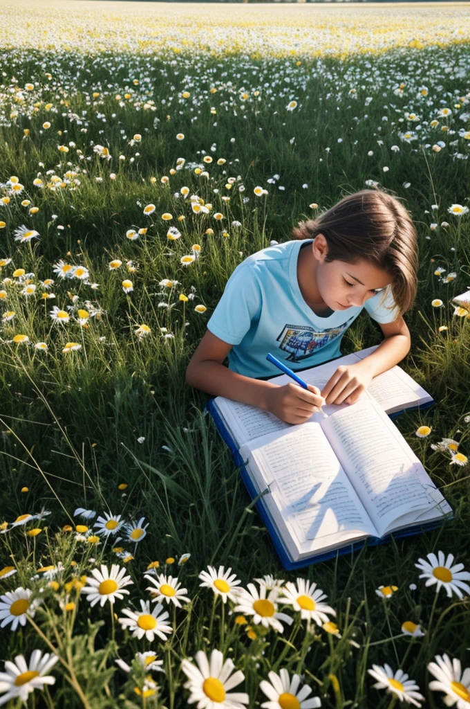 15 year old ager writing in a field of daisies
