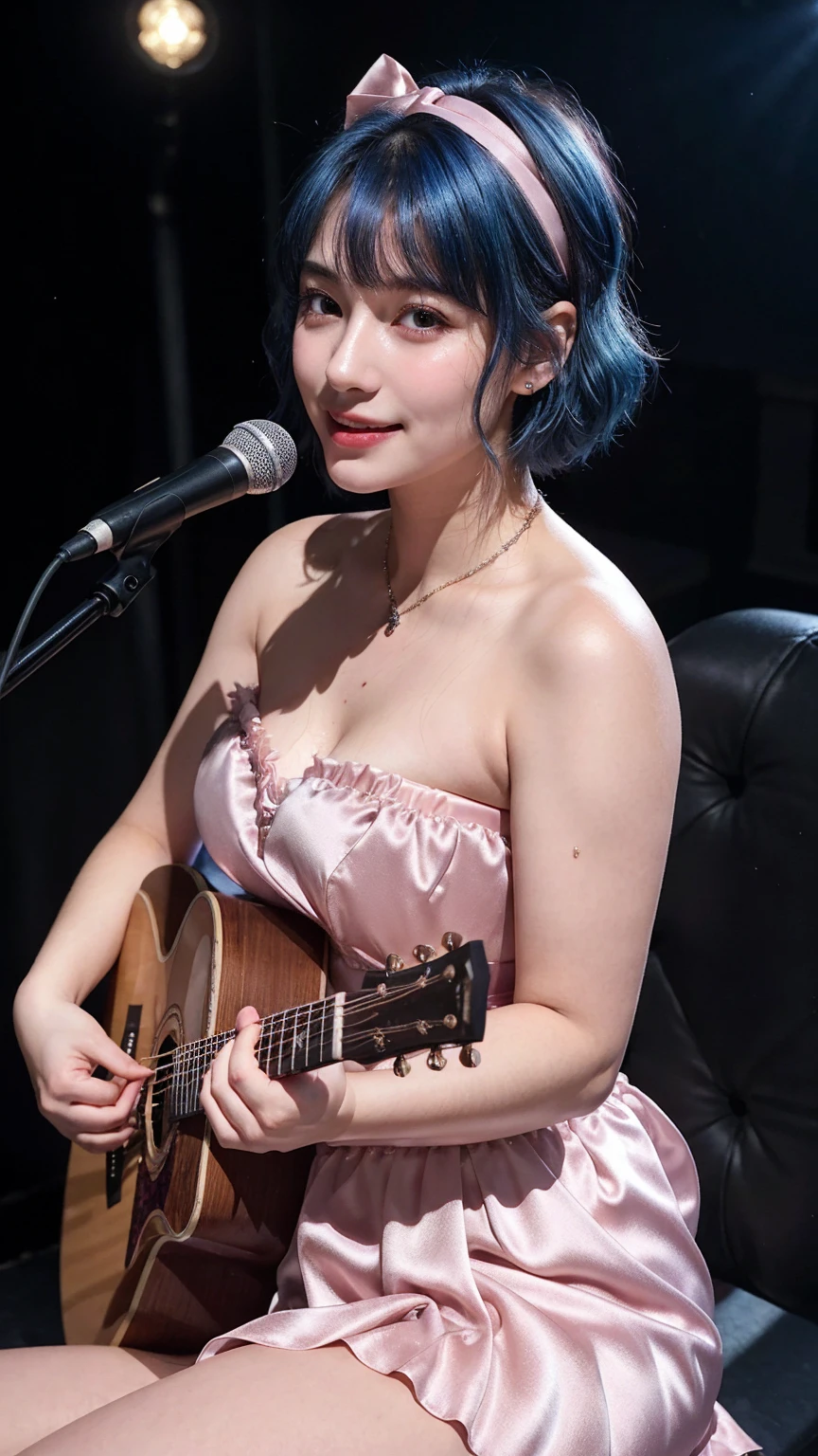 ((best quality)), photorealistic, photorealism, Photorealistic, high resolution, ((Wearing pink sexy lace night gown))、((no bra, no panties))、A superb beauty、Super cute、ennui、Rare beauty、Very Short hair、Black Dark Eyeshadow、Sad、white skin、pale skin, Very short hair、Dark Gothic Makeup、Cute Smile、Fragrant beauty、Stained glass background、Mastepiece、Best Quality、Refers to 5 books、Sweat glistening on my chest、Sweat glistening on my face、Large breasts、Blue hair、Age 20 years old、Mysterious look、A sad expression、Blue Hair、Glamorous concert stage、enchanting castle、Sweating profusely all over the body、A lot of sweat and light on the thighs、Shiny thighs、Plenty of sweat glistening on the thighs、A large amount of sweat glistens on my thighs、Sweating profusely、Gal、Large breasts、Beautiful face、Alluring expression、Thick thighs、Playing guitar、I have an guitar、Guitar strap、Sing a song enthusiastically、Playing guitar in a band、Rock band、Playing guitar chords、Live House Background、Sing a song、Open your mouth、Live house scenery、Mike stand、Glamorous live stage、Dynamic Angle、cinematic lighting
