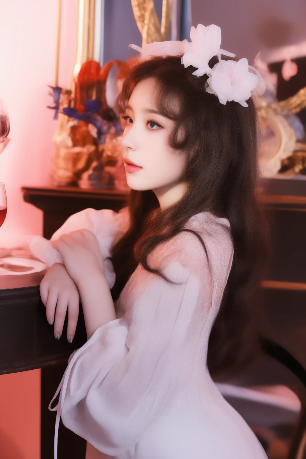 there is a woman sitting at a table with a glass of wine, rococo queen, portrait of magical lolita girl, portrait of radical lolita girl, portrait of lolita, belle delphine, rococo style portrait, by Ayami Kojima, # rococo, in victorian aristocrat, victorian gothic lolita fashion, melanie martinez, rococo portrait, rococo dress, chiho