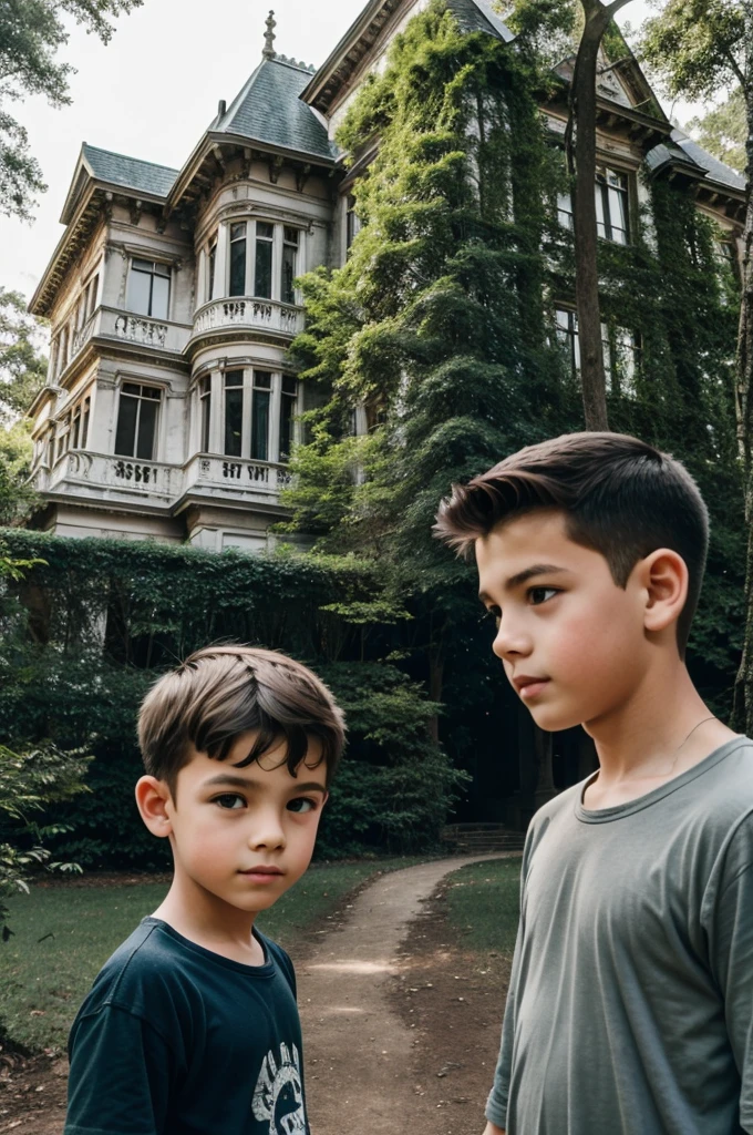 Two boys in front of an old mansion in the forest