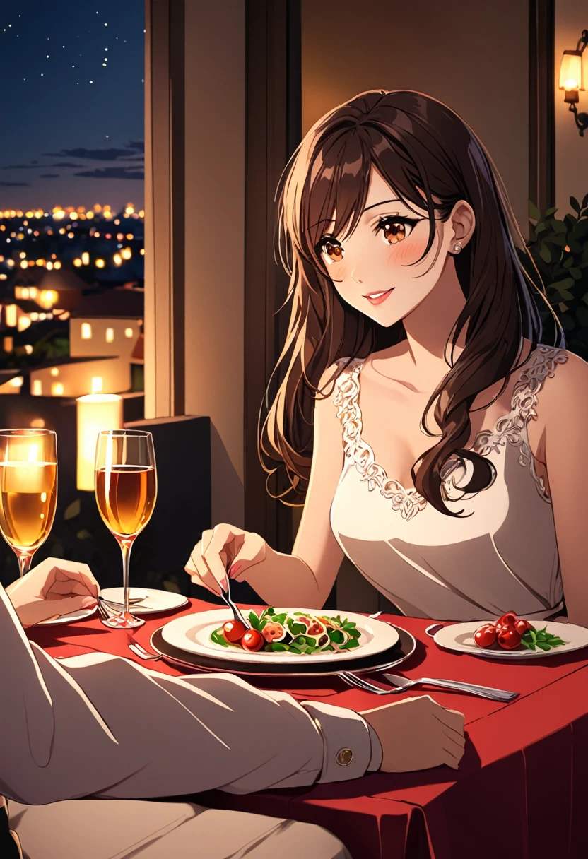 Adult Female, Mature, shy, blushing, short messy dark red hair, shoulder length hair, beautiful make up, dress, sitting in front, dinner table, fancy resturant, table with wine, night time, window seat view, highly detailed, best detail, excellent detail, perfect anatomy, perfect hands, perfect fingers