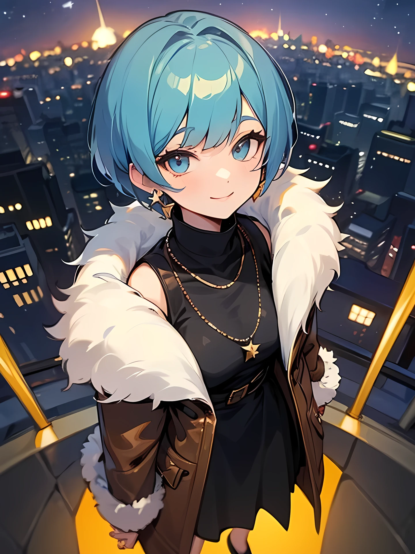from above:1.3, solo, looking at viewer,pixie cut, pastel blue color hair, under cut, leather dress, luxury wallet, fur coat, offshoulder, president's style, smile,luxury earrings and necklace, starry night, downtown area,