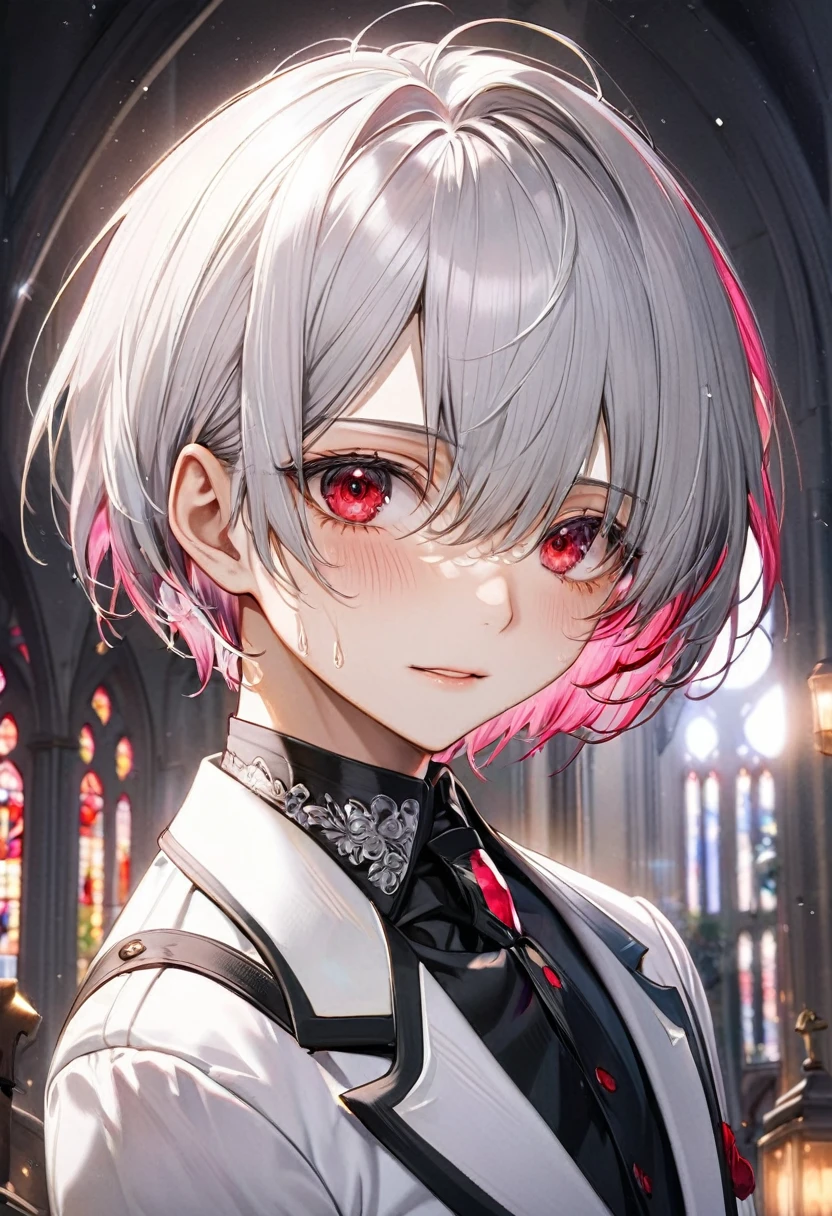 (close-up face), ((16 yo)), (solo:2 crew cut silver hair very short hair divine cool boy, detailed red eyes, tears face, flat chest), break, (in a butler suit), break, (in the Chapel Terrace), (background detailed biggest pink moon), BREAK, perfect anatomy, masterpiece, best quality, 16k, beautiful detailed night, daydreaming expression.