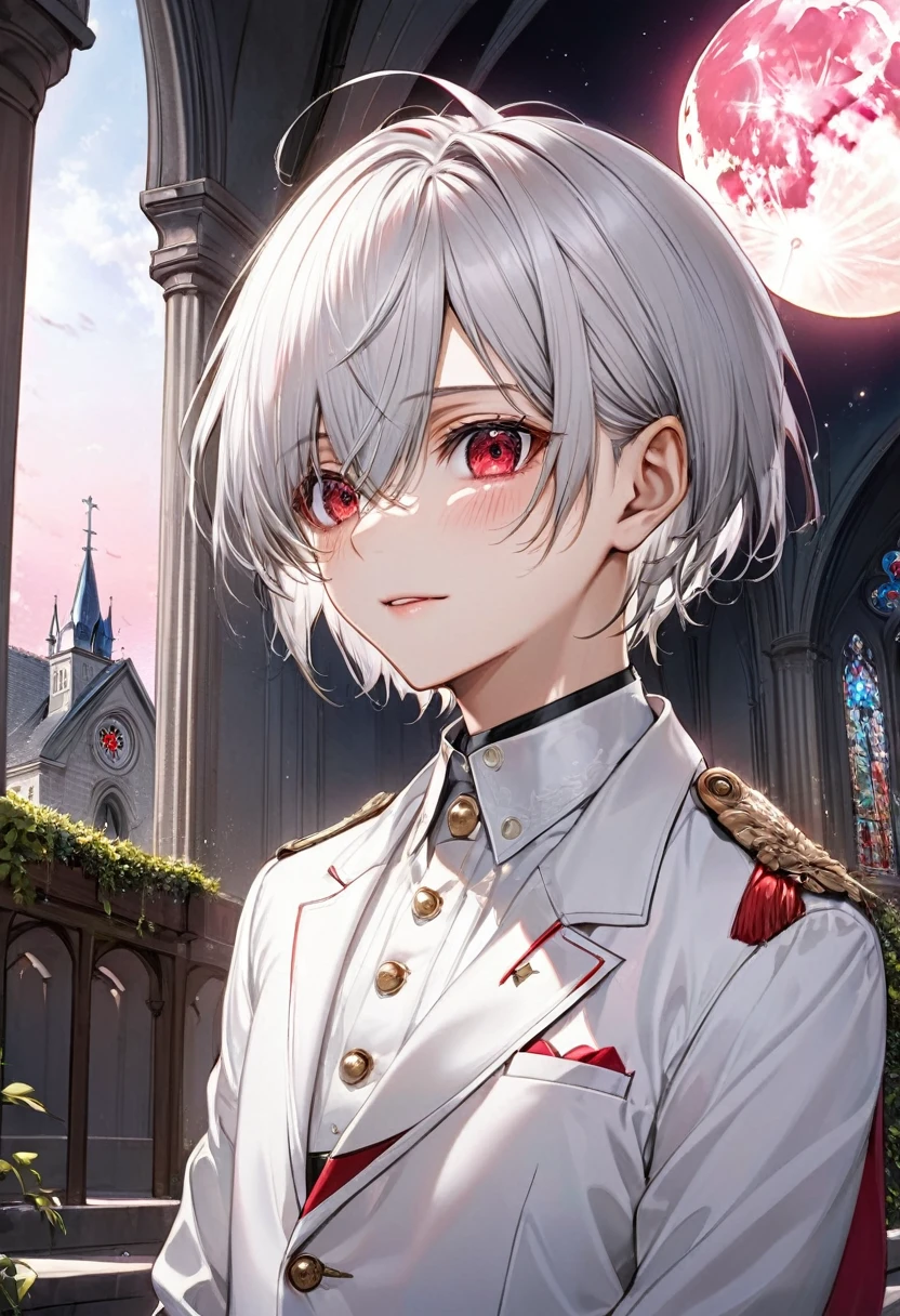 (close-up face), (( yo)), (solo:2 crew cut silver hair very short hair divine cool boy, detailed red eyes, tears face, flat chest), break, (in a butler suit), break, (in the Chapel Terrace), (background detailed biggest pink moon), BREAK, perfect anatomy, masterpiece, best quality, 16k, beautiful detailed night, daydreaming expression.