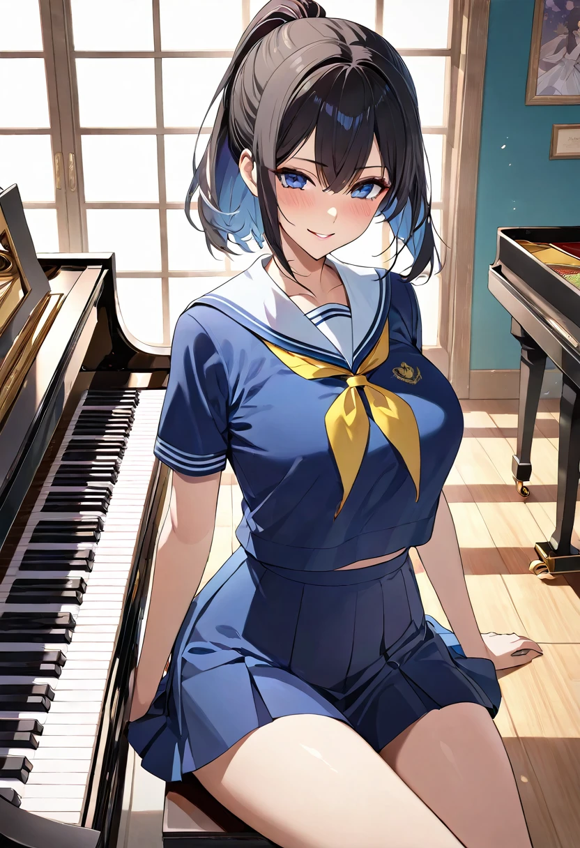 (Masseter muscle area)、(Highest quality)、(Super Detail)、(Well-groomed hair)、(Awareness-raising)、(One Girl)、(Detailed Background)、a grand piano、Beautiful attention to detail、繊細でBeautiful Face、(High color saturation)、Focus on the face、Black-haired、Bansovment、short hair、pixiv Awareness-raising、Highest quality、Super Detail、Beautiful Face、4K、Claire、Highest quality、beautiful ioist eyes、Blushing、In 8K、piano、The light shines、Happy expression、Very beautiful scenery、classroom、playing piano、爽やかなWindが吹く、dynamism、Black-haired、Happy expression、Sailor suit、Fluttering Hair、Very nice composition、Ultra HD、Amazing performance、piano演奏、Wind、ponytail、Fun look、super high quality、Short sleeve、