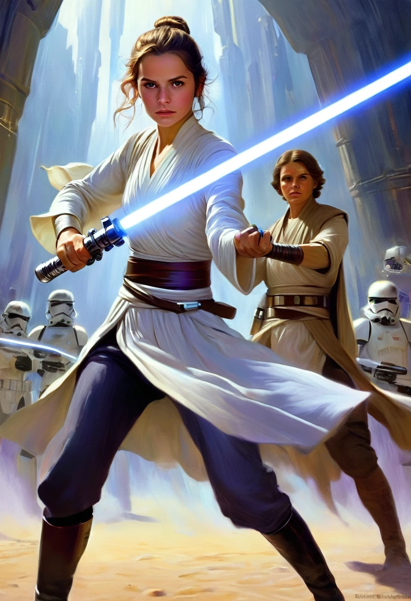 star wars jedi boy with two lightsabers, one purple and the other white lightsaber in a fight against a woman sid