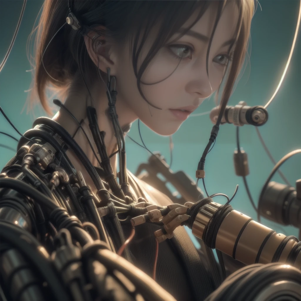 (((masterpiece))), (((Highest quality))), ((Super detailed)), (Highly detailed CG illustrations), ((Very delicate and beautiful)),(Cute and delicate face),Cinematic Light,((1. Machine Girl)),alone,whole body,(Machine made joints:1.4),((Mechanical limbs)),(Blood vessels connected to tubes),((Mechanical vertebrae attached to the back)),((Cervical vertebrae mechanically attached to the neck)),((Sitting)),Expressionless,(Wires and cables connecting the head and body:1.5),(Character Focus),sf