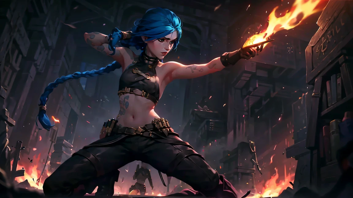 (masterpiece, Best quality), 1 girl, portrait, very sexy, crazy look, smile, crying, pink tears, tears on the cheeks, tears from eyes, full length (full body 1.1.), очень feminine, fighting stance, battle, fire, explosions, burning city, Beautiful waist, gloomy composition, flame, fire, Flash, very beautiful, feminine, long hair, hair braided in long braids, very sexy, tight leather pants, emphasis on the eyes, face accent, Beautiful face, Hands, Hair, Haired ponytail, red purple eyes, Джинкс crying, Blue cloud tattoo, (masterpiece, Best quality), Side lighting, beautiful detailed eyes, crazy face), (Best quality), (masterpiece), magic photography, Spectacular lighting, Photorealism, ultra detailed, интимная portraitная композиция, 1. 4,8 k UHD, aesthetic, Cd., A high resolution, 8 k, better lighting, Best shade, Ultra-HD, A high resolution, sharp focus, Complex background, Cinematic lighting, ((Landscape view)), 4K block, (better lighting), ((Cinematic lighting)),