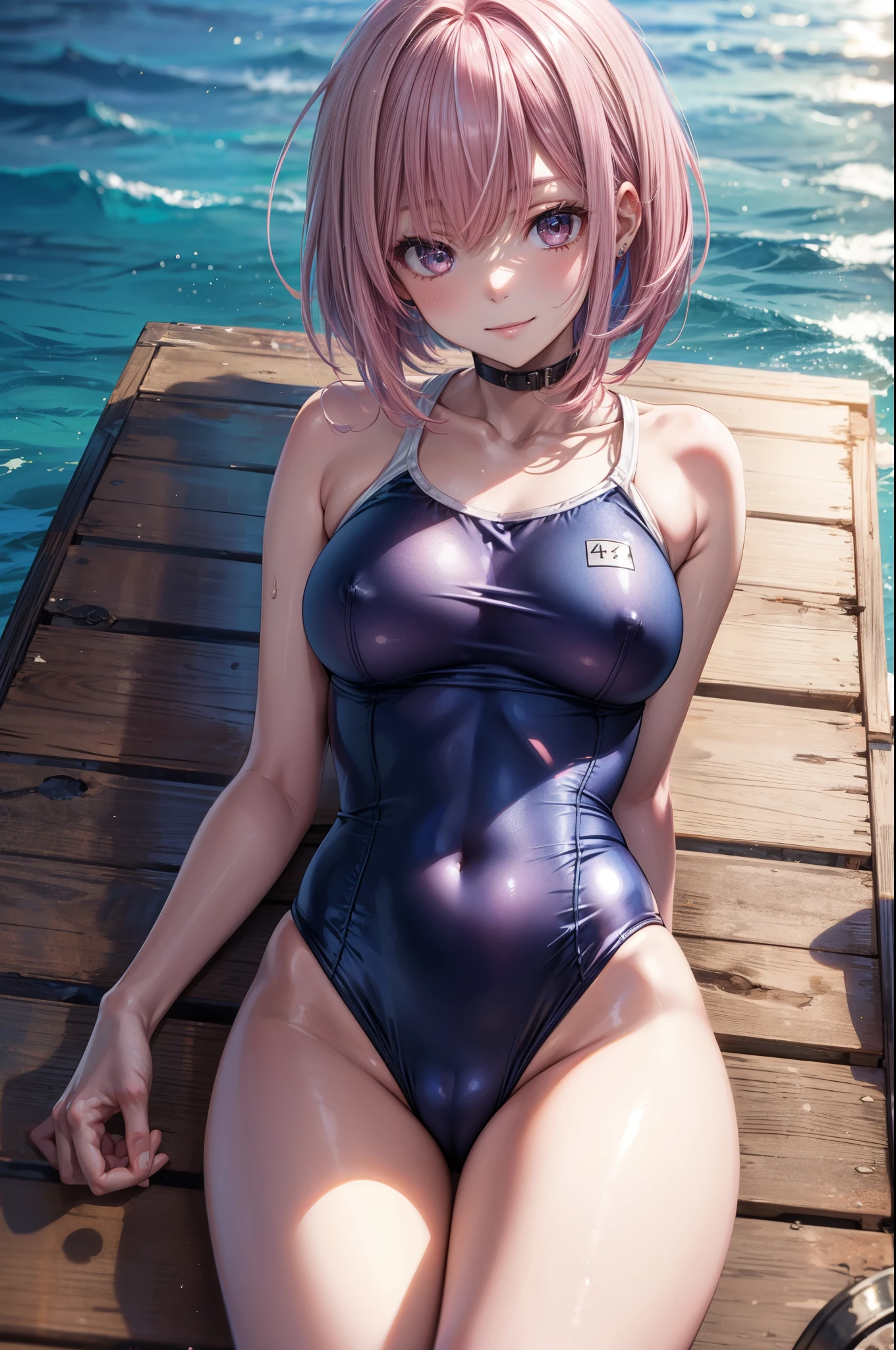 (School Swimsuit),, break, skinny, 4 defined fingers, 1 defined thumb, looking at viewer, solo, 1 woman, 25 years old, AI generated, highest quality, masterpiece, skindentation, perfect face, 8k , cowboy shot, (short hair), (pink hair:1.5), bob cut, black eye, smile, thin thighs, medium breasts, perfect limbs, sexy, (visible nipples:0.9), (camel toe:0.3), (arms at sides), (bright seaside), metallic costume, facing straight at viewer, Alone, Lying, Knee Up,