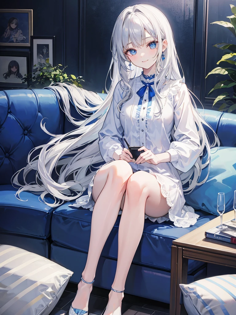 Alisa mikhailovna kujou, 1girl, Long silver hair, blue pupils, Wearing white and blue casual clothes, Sitting on the Sofa, smiling 