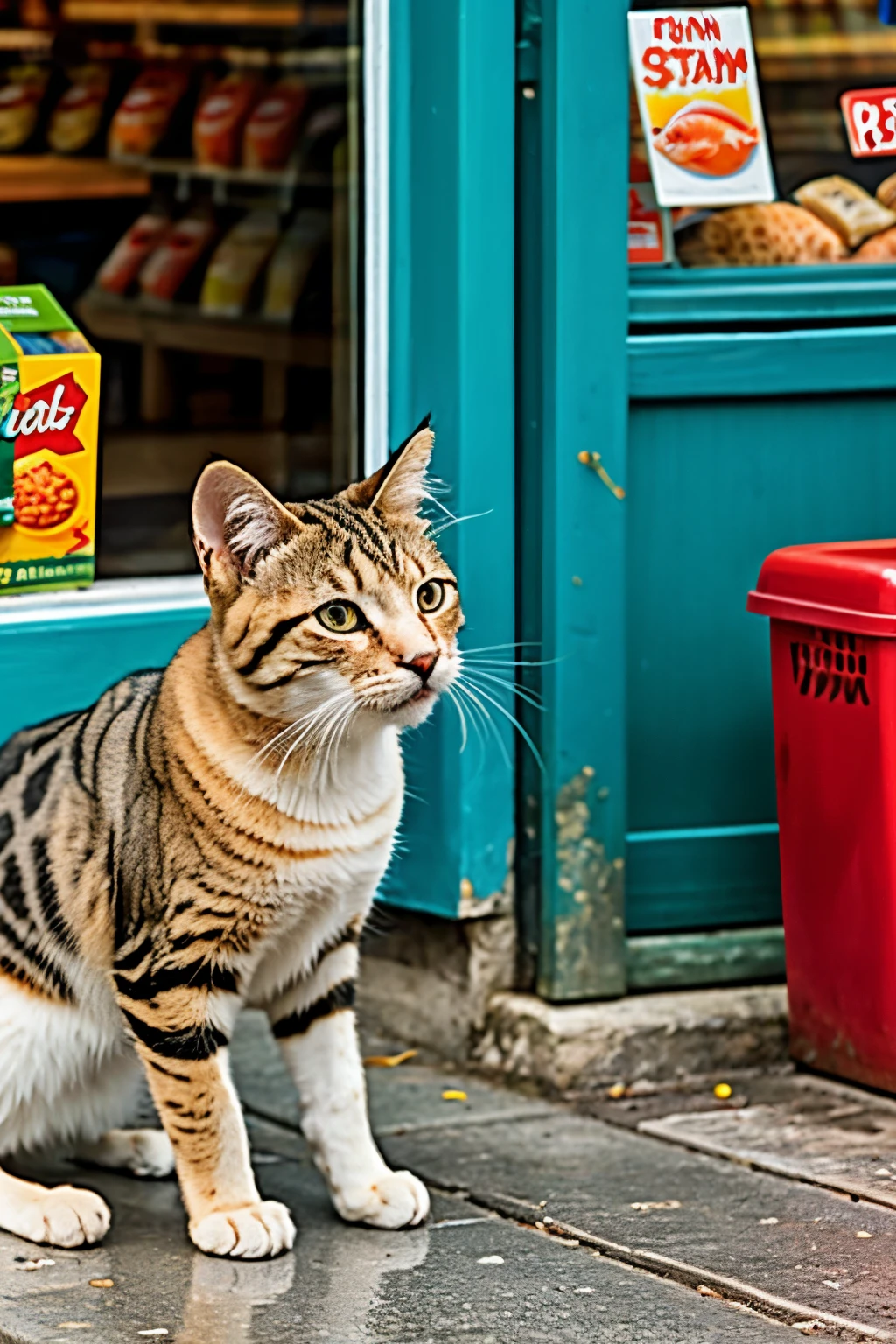 An animated hungry stray cat thinks about stealing a fish from a store