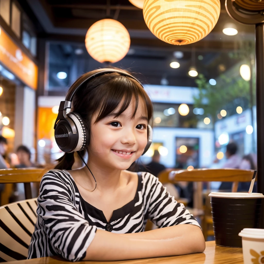 Looking straight ahead and smiling, Ultra HD、128k、Masterpiece、Masterpiece, Cute round small face, studying in a coffee shop while listening to music on headphones、orange juice, clavicle, RAW Photo、Big-eyed girl in zebra print clothing、Hands on headphones, Warm lighting、Beautiful night view、Japanese anime style, Smile