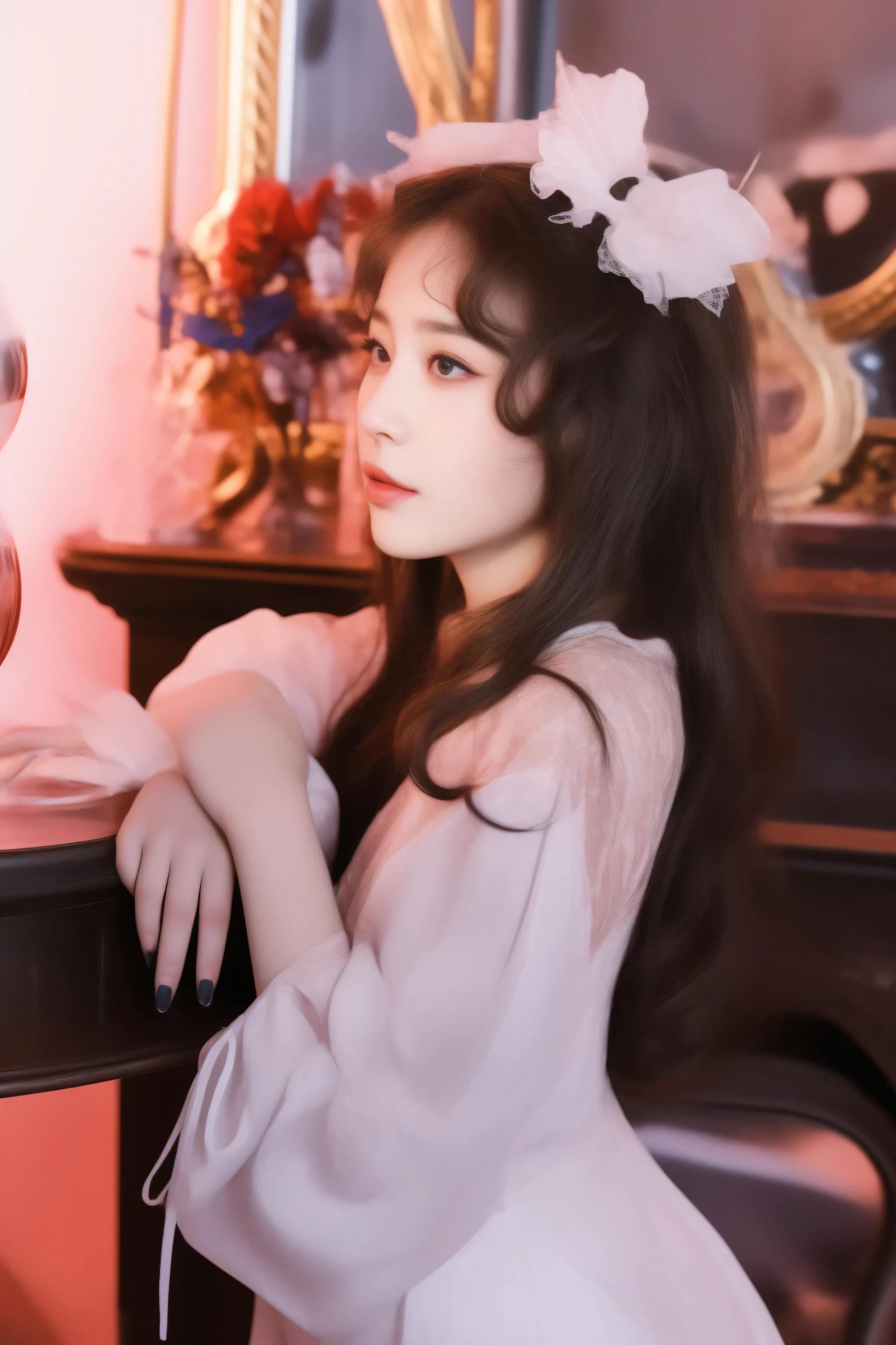 there is a woman sitting at a table with a glass of wine, rococo queen, portrait of magical ta girl, portrait of radical loliirl, portrait of lolita, e delphine, rococo style portrait, by Ayami Kojima, # rococo, in victorian aristocrat, victorian gothic lolita fashimelanie martinez, rococo portrait, rococo dress, chiho