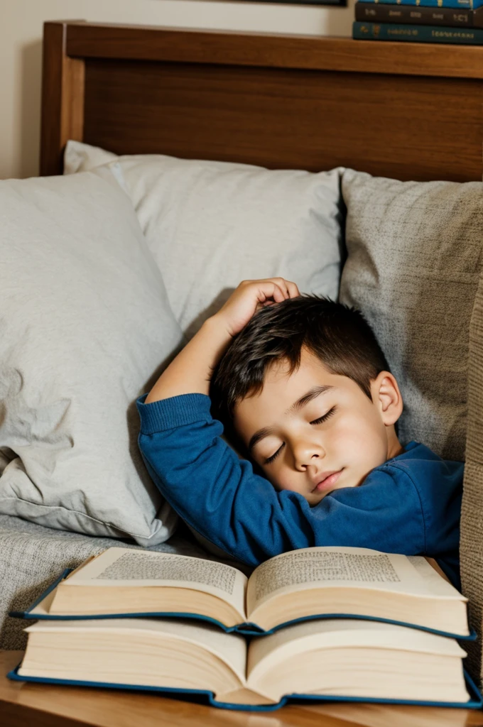 A boy sleeping soundly with a book on the 
face